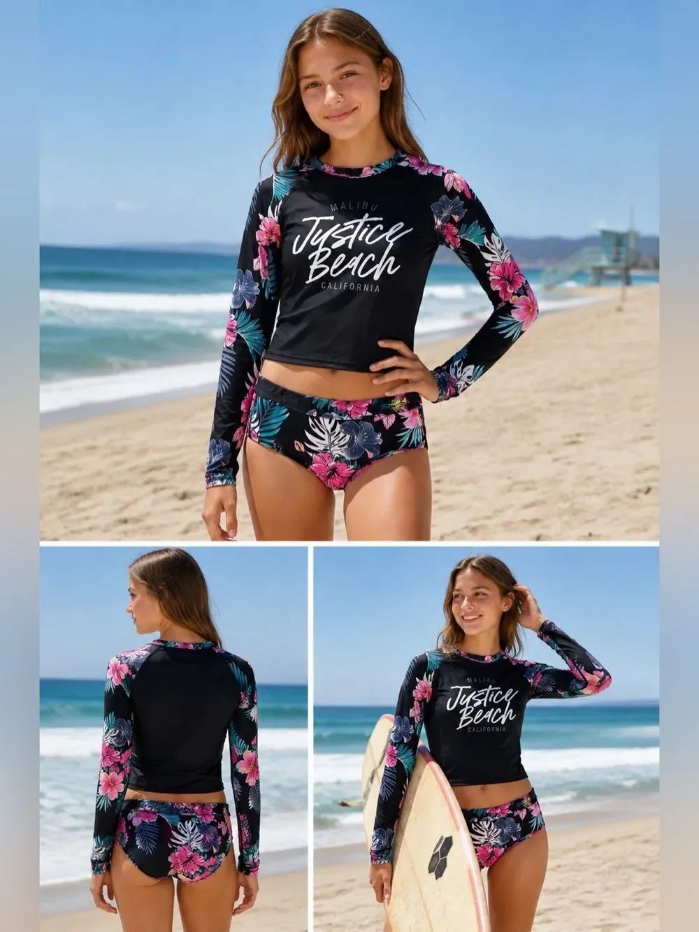 Justice Girl Rash Guard SET 2 pc Black Floral  Swimsuit UPF 50+ Sz16-18(XL)